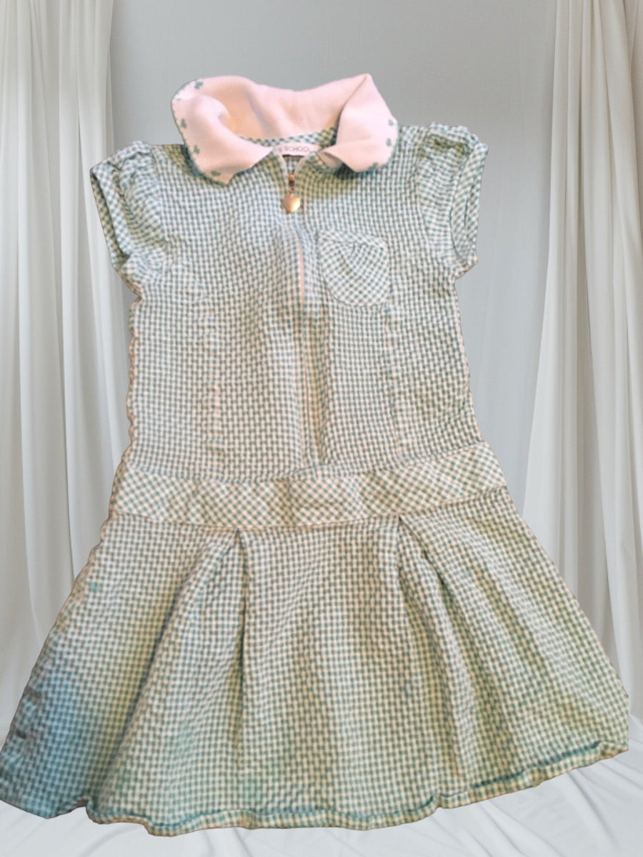 M S Girls Green Gingham Check Summer School Dress Zip Girls 4 5yrs