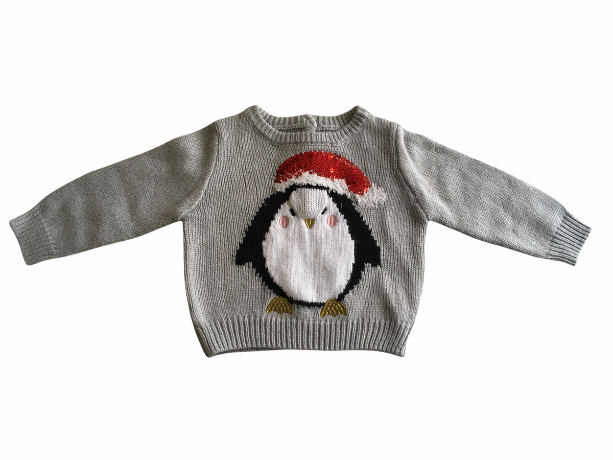 Mothercare Grey Sparkly Penguin in Santa Hat Christmas Jumper