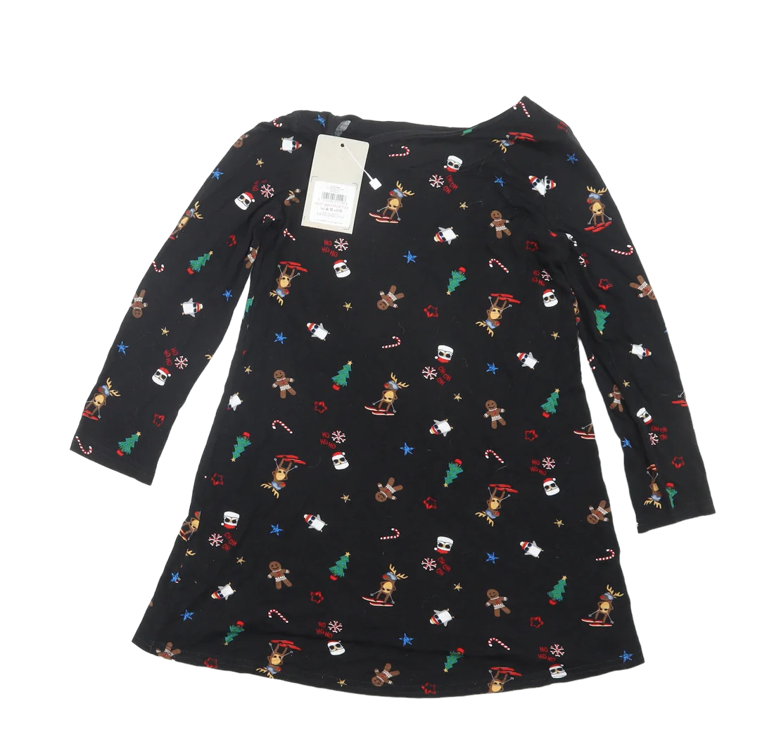 Brand New Nutmeg Girls Black Xmas Print Jersey Dress Girls 5