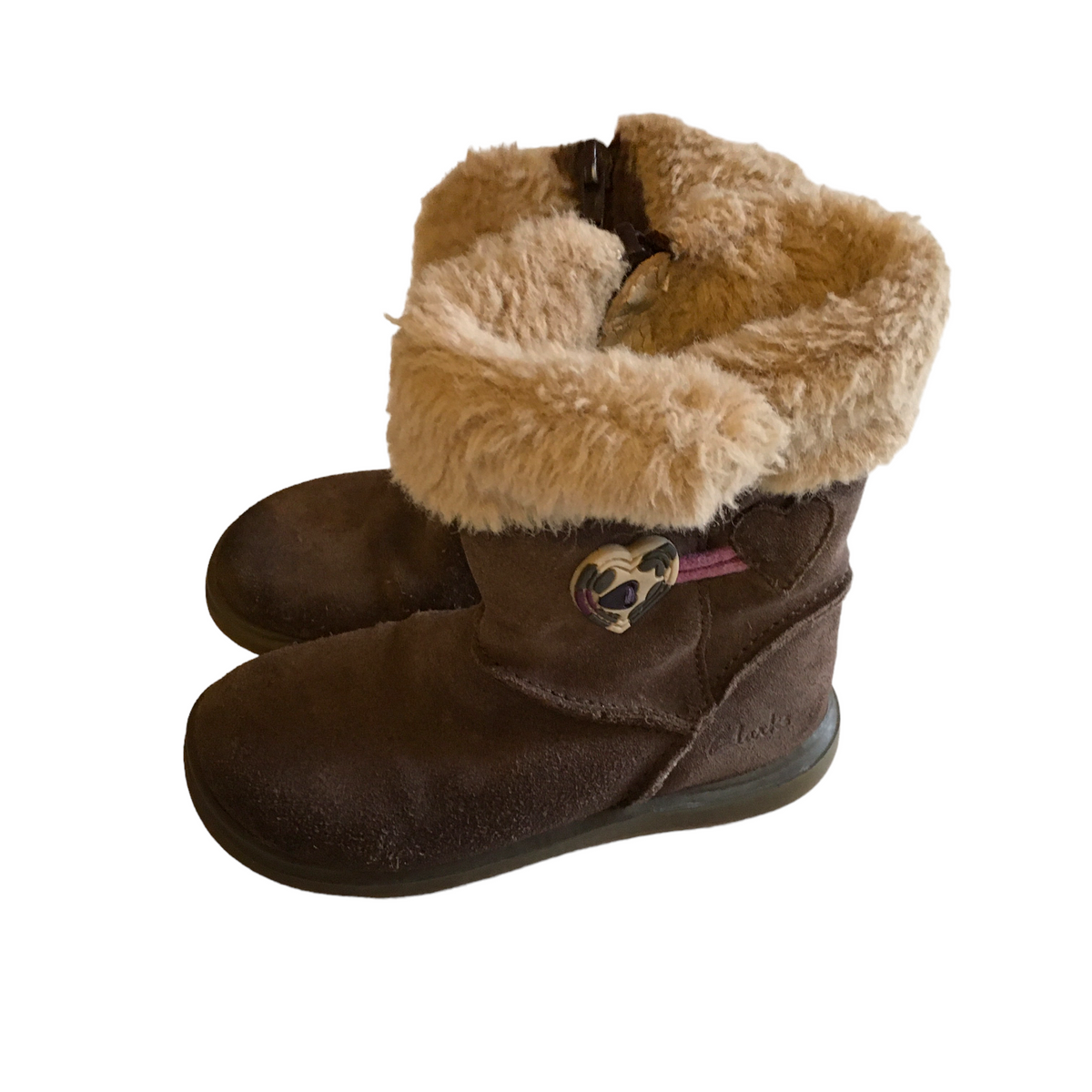 Clarks Girls Brown Real Suede Leather Fur Trim Boots Girls Size