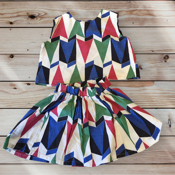Handmade Girls Geometric Print Cotton 2 Pc Summer Skirt Outfit - Girls 2-4yrs