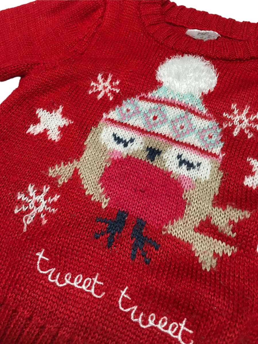 F&F Red Tweet Tweet Christmas Robin Jumper Unisex 0-1m – Growth