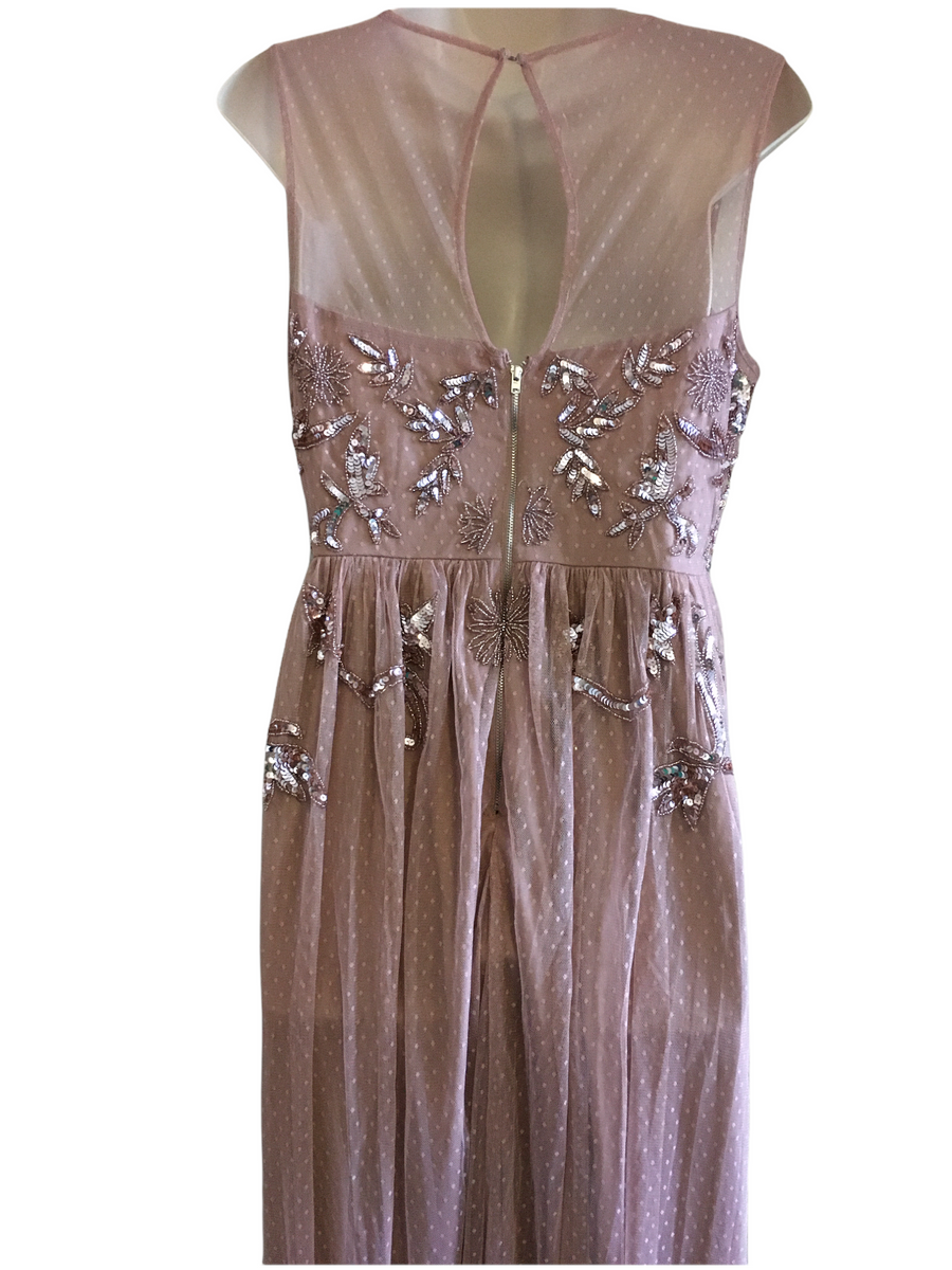 Maya Deluxe Maternity Dobby Blush Pink Mesh Embellished Sequin Maxi Party Evening Dress Size Maternity UK 14