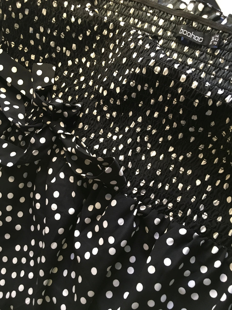 Boohoo Maternity Shirred Black Polka Dot Flute Sleeve Smock Top