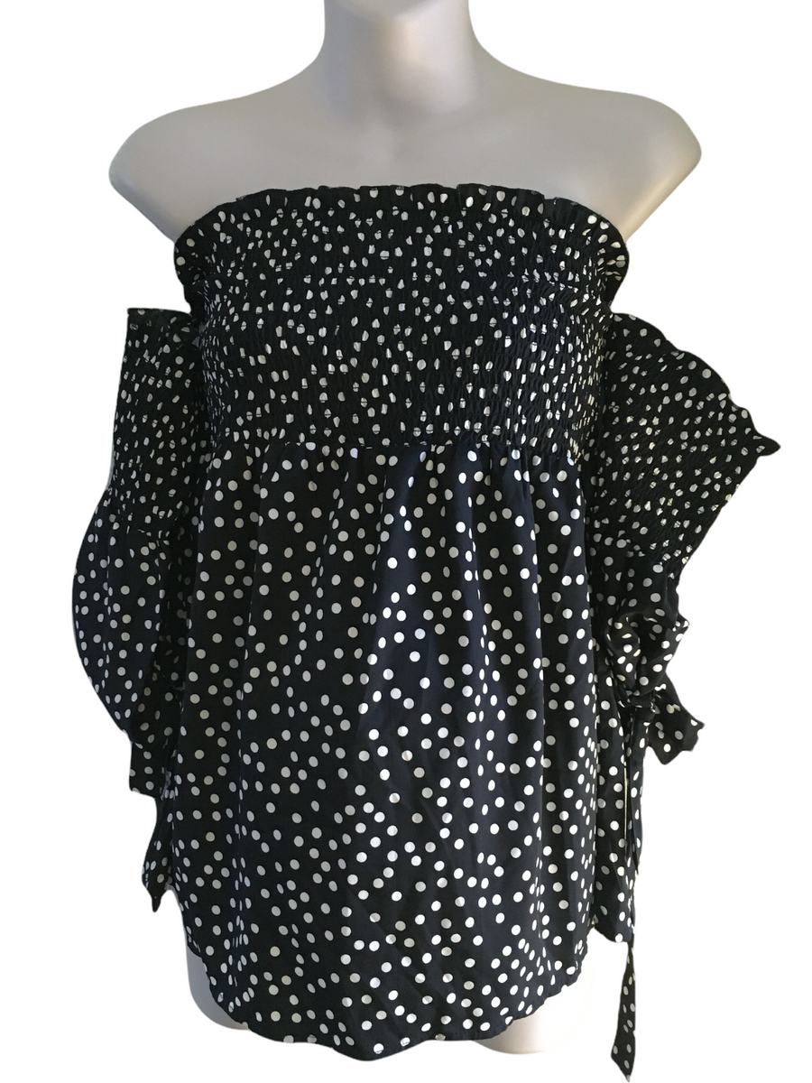 Boohoo Maternity Shirred Black Polka Dot Flute Sleeve Smock Top