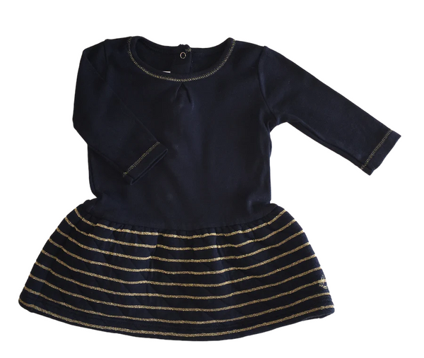 Petit Bateau Navy Blue & Gold Striped Jersey Dress - Girls 3m