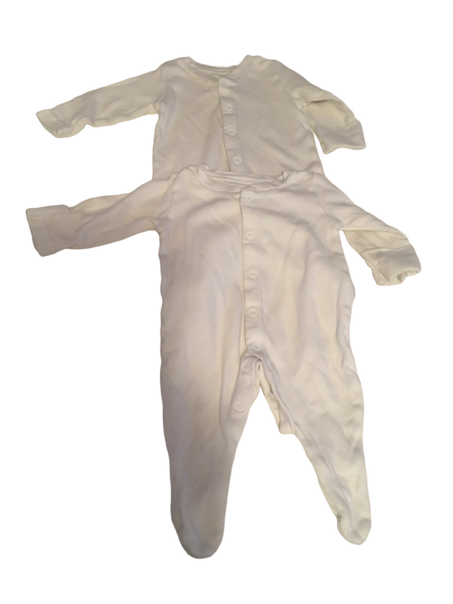 Nutmeg Plain White Unisex Sleepsuits x 2 Bundle Unisex Tiny Baby