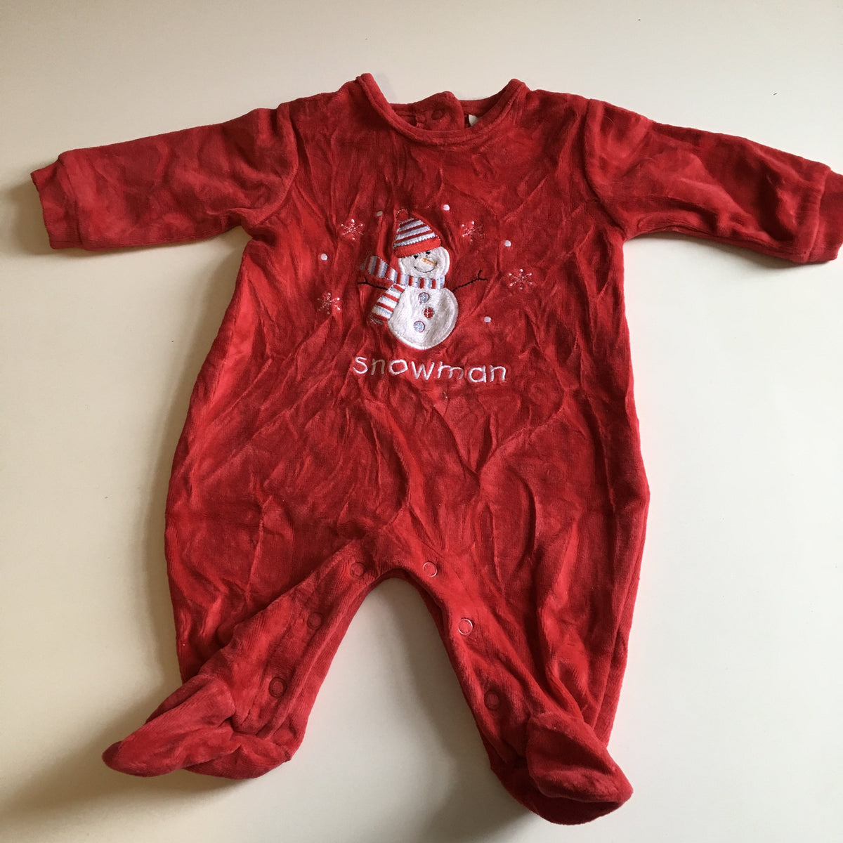 Red Soft Velour Christmas Snowman Sleepsuit Unisex Newborn