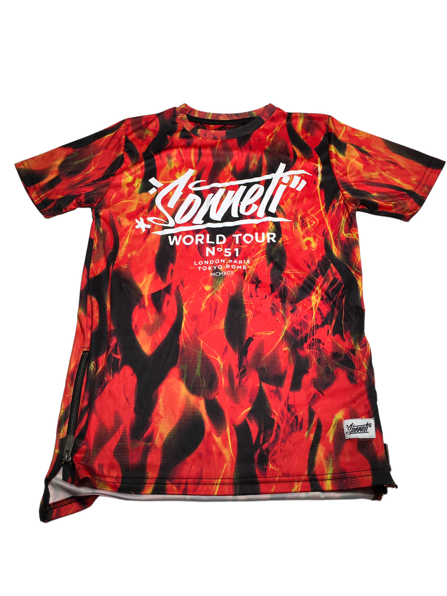 Sonneti World Tour Flame Print Red Zipped T Shirt Boys 12 13yrs Growth Spurtz