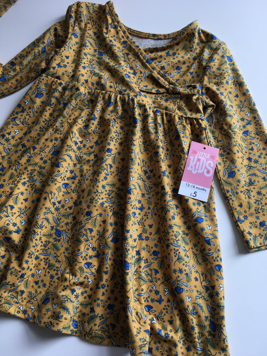 Brand New Matalan Twin Girls Mustard Blue Floral Print L S Dress Bundle Girls 12 18m