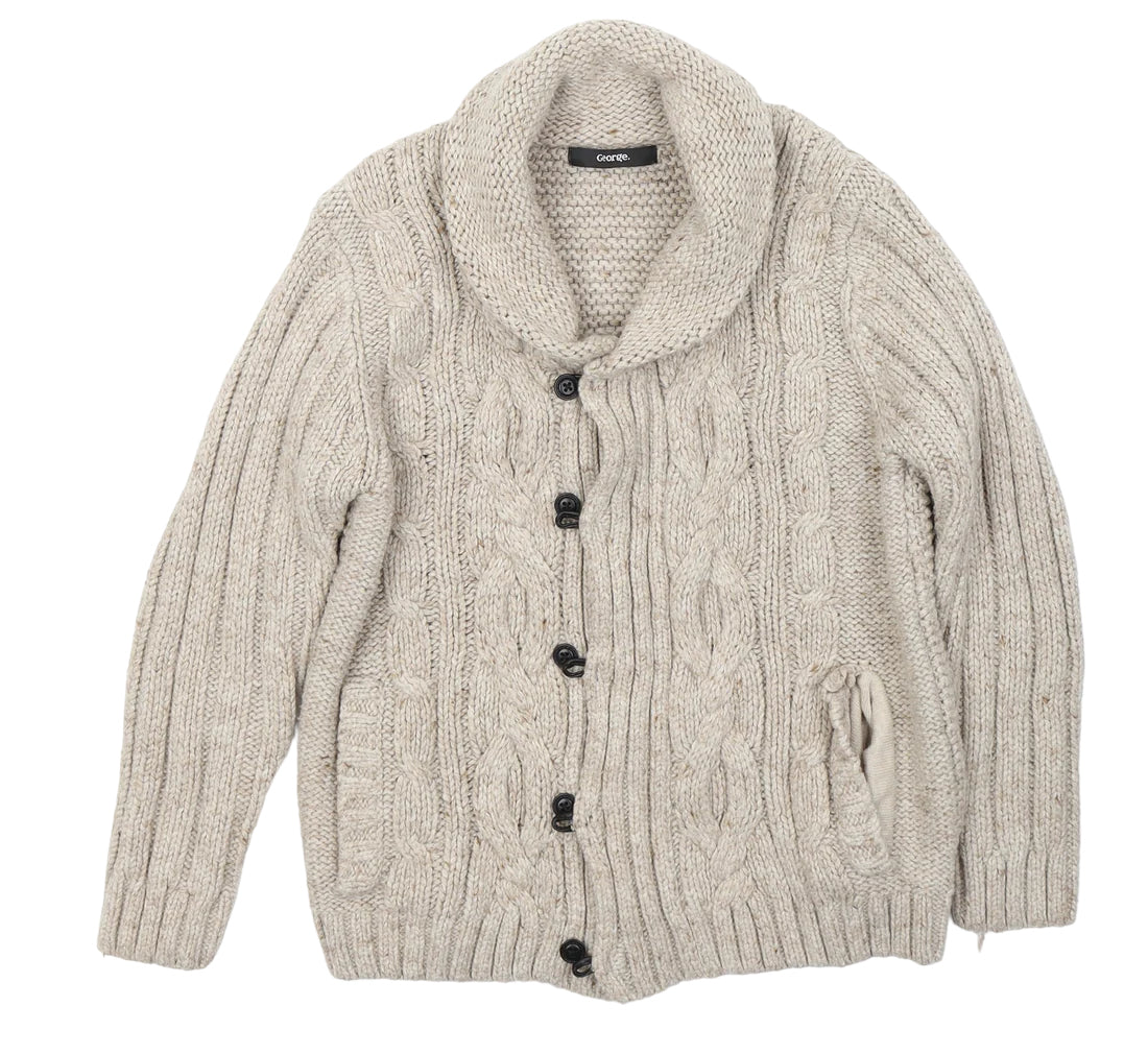 George Beige Chunky Cable Knit Grandad Cardigan with Wool Boys 7 8yr Growth Spurtz