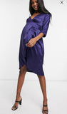 Brand New Mamalicious Blue Satin Midi Wrap Evening Party Dress with Ruffle - Size Maternity S UK 8