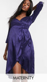 Brand New Mamalicious Blue Satin Midi Wrap Evening Party Dress with Ruffle - Size Maternity S UK 8