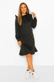 Brand New Boohoo Maternity Black Collar Ruffle Hem Sweatshirt Dress - Size Maternity UK 8