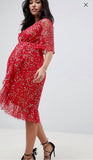 Brand New Asos Design Maternity Red Wrap Sequin Midi Party Evening Dress - Size Maternity UK 6