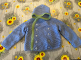 Hand Knitted Blue & Green Double Breasted Button Hooded Cardigan - Boys 0-6m
