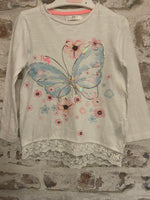 Girls White Sequin Butterfly Lace Trim L/S Top - Girls 4yrs