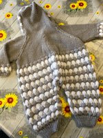 Hand Knitted Grey & White Hooded Winter Baby Romper - Unisex 0-6m
