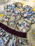 Next Purple Multi Birds Floral Print S/S Party Dress with Velvet Belt - Girls 3-4yrs
