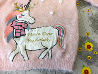 Primark Move Over Rudolph Unicorn Pink Fluffy Christmas Jumper - Girls 9-10yrs