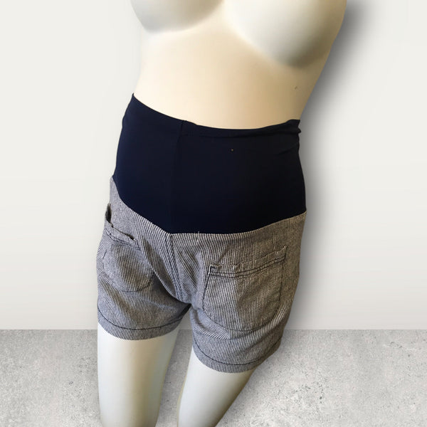 Angel Kiss Maternity Navy Pinstripe Cotton & Linen Over Bump Shorts - Size Maternity M UK 12-14