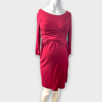 Seraphine Maternity Red Gathered Front 3/4 Sleeve Bodycon Dress - Size Maternity UK 12