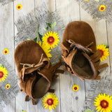 Tan Brown Suede Leather Slip on Baby Moccasin Booties - Boys Size Infant 2.5