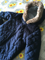 George Navy Blue Quilted Zip Up Snowsuit Fleece Fur Trim Hood - Boys 6-9m