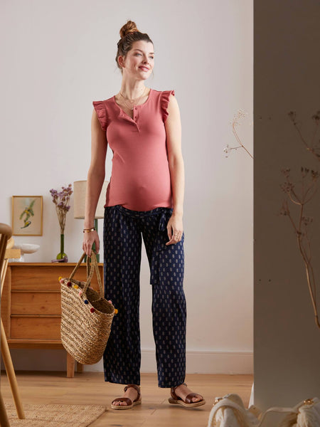 Brand New Vertbaudet Maternity Fluid Navy Print Viscose Trousers - Size Maternity UK 14