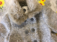 F&F Girls Grey Silver Sequin Coat with Faux Fur Collar - Girls 18-24m