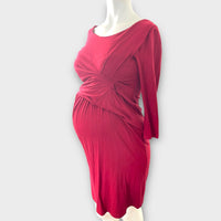 Seraphine Maternity Red Gathered Front 3/4 Sleeve Bodycon Dress - Size Maternity UK 12
