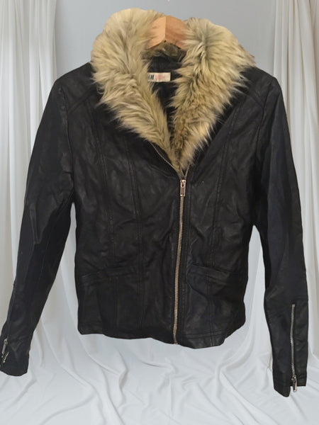 H&M Girls Black PU Leather Faux Fur Biker Jacket - Girls 14yrs +