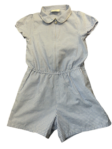 Girls Blue/White Gingham Check Summer School Short Playsuit - Preloved