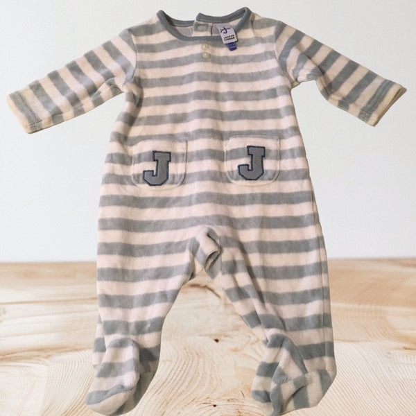 Junior J Blue/White Velour Striped Sleepsuit - Boys 0-3m