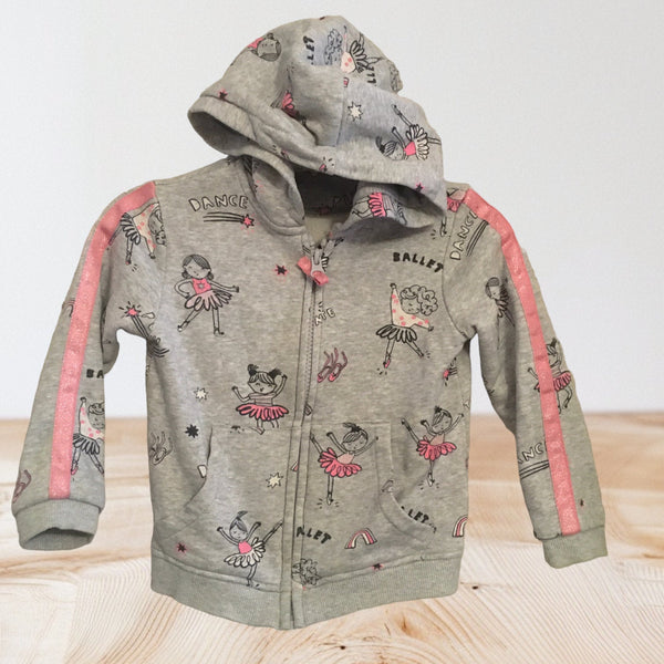 M&S Grey Ballerina Print Zip Up Hoodie Jumper - Girls 3-4yrs