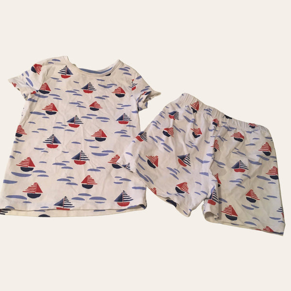 M&S White Blue/Red Boat Print Shortie Pyjamas - Boys 2-3yrs