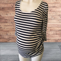 Red Herring Maternity Navy Nautical Stripe Ruched Sleeve Top - Size Maternity UK 12