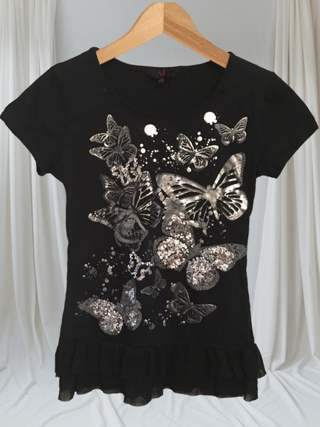 Young Dimension Black & Silver Sequin Butterfly S/S Dress - Girls 11-12yrs