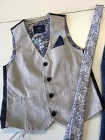 Next Boys Light Grey Waistcoat Blue Check Trousers & Tie Outfit - Boys 7yrs