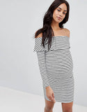 Brand New Asos Cream/Black Stripe L/S Stretch Bodycon Bardot Dress - Size Maternity UK 14