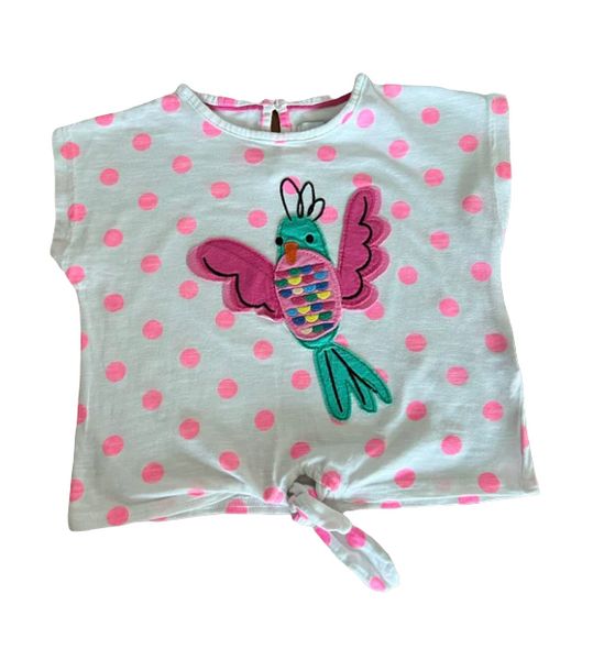 M&S White Pink Spotty Tie Front Top with Parrot Applique - Girls 2-3yrs