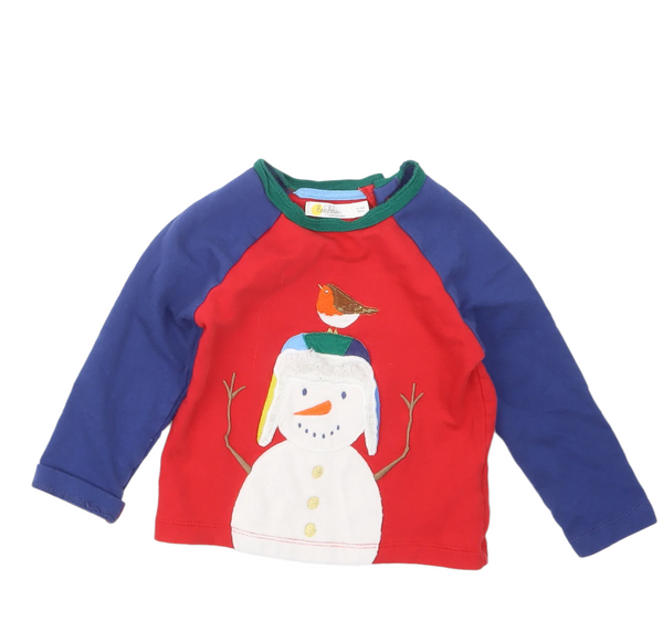  Baby Boden Red/Blue Snowman & Robin Applique L/S Christmas Top - Unisex 12-18m
