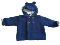 M&S Baby Blue Chunky Knit Cardigan with Hood & Dogs Lining - Boys 0-3m