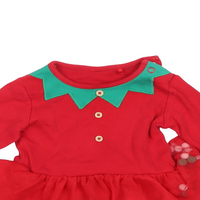 Tu Baby Elf Red Christmas Bodysuit with Pom Pom Netted Skirt - Girls 9-12m