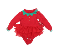 Tu Baby Elf Red Christmas Bodysuit with Pom Pom Netted Skirt - Girls 9-12m