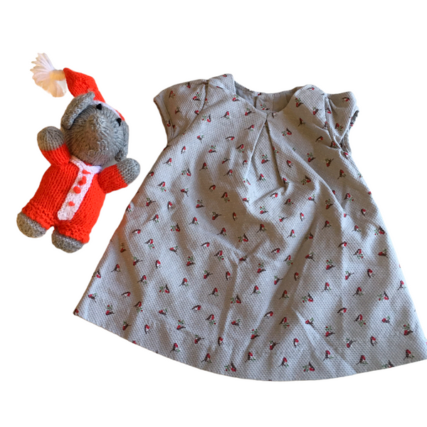 Mothercare Grey Textured Baby Christmas Dress Robins Print Girls