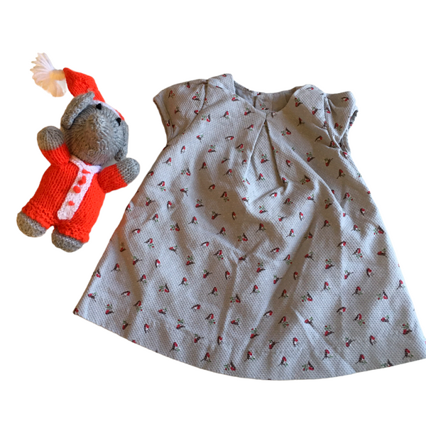 Mothercare Grey Textured Baby Christmas Dress Robins Print - Girls 1-3m