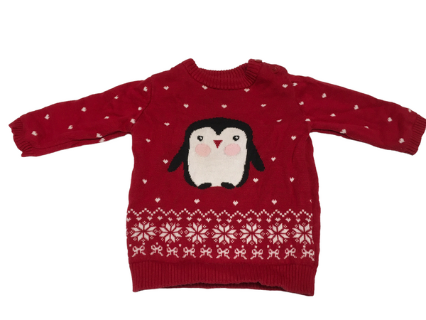 Early Day Red Fair Isle Penguin Baby Christmas Jumper Dress - Girls 3-6m