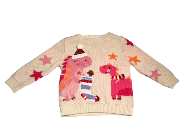 George Beige Festive Dinosaurs Knitted Christmas Jumper - Girls 12-18m