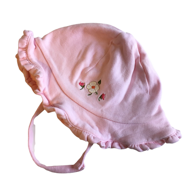 Baby Gap Pink Frilly Sun Hat with Flowers & Chin Strap - Girls 18-24m